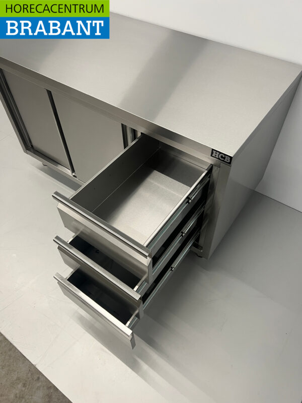 RVS Werkkast Premium-line Kast Werktafel 2 schuifdeuren en 3 laden 140 cm Horeca - Afbeelding 5
