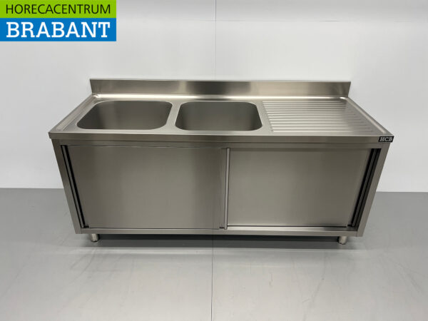 RVS Spoeltafel Dubbele Spoelbakken 2 schuifdeuren Premium-line 180 cm Horeca