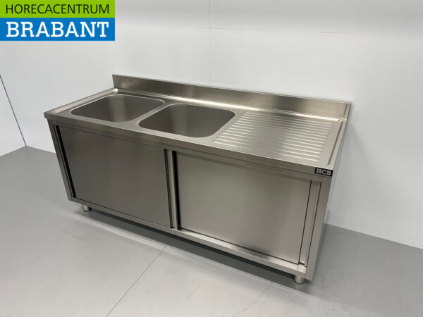 RVS Spoeltafel Dubbele Spoelbakken 2 schuifdeuren Premium-line 180 cm Horeca - Afbeelding 2