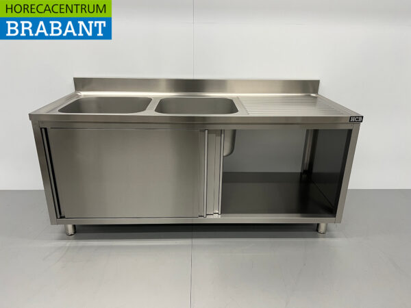 RVS Spoeltafel Dubbele Spoelbakken 2 schuifdeuren Premium-line 180 cm Horeca - Afbeelding 5