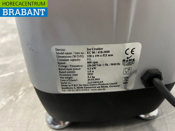 Saro EC80 Icecrusher Ice Crusher ijscrusher 100 kg per uur 230V Horeca - Afbeelding 6