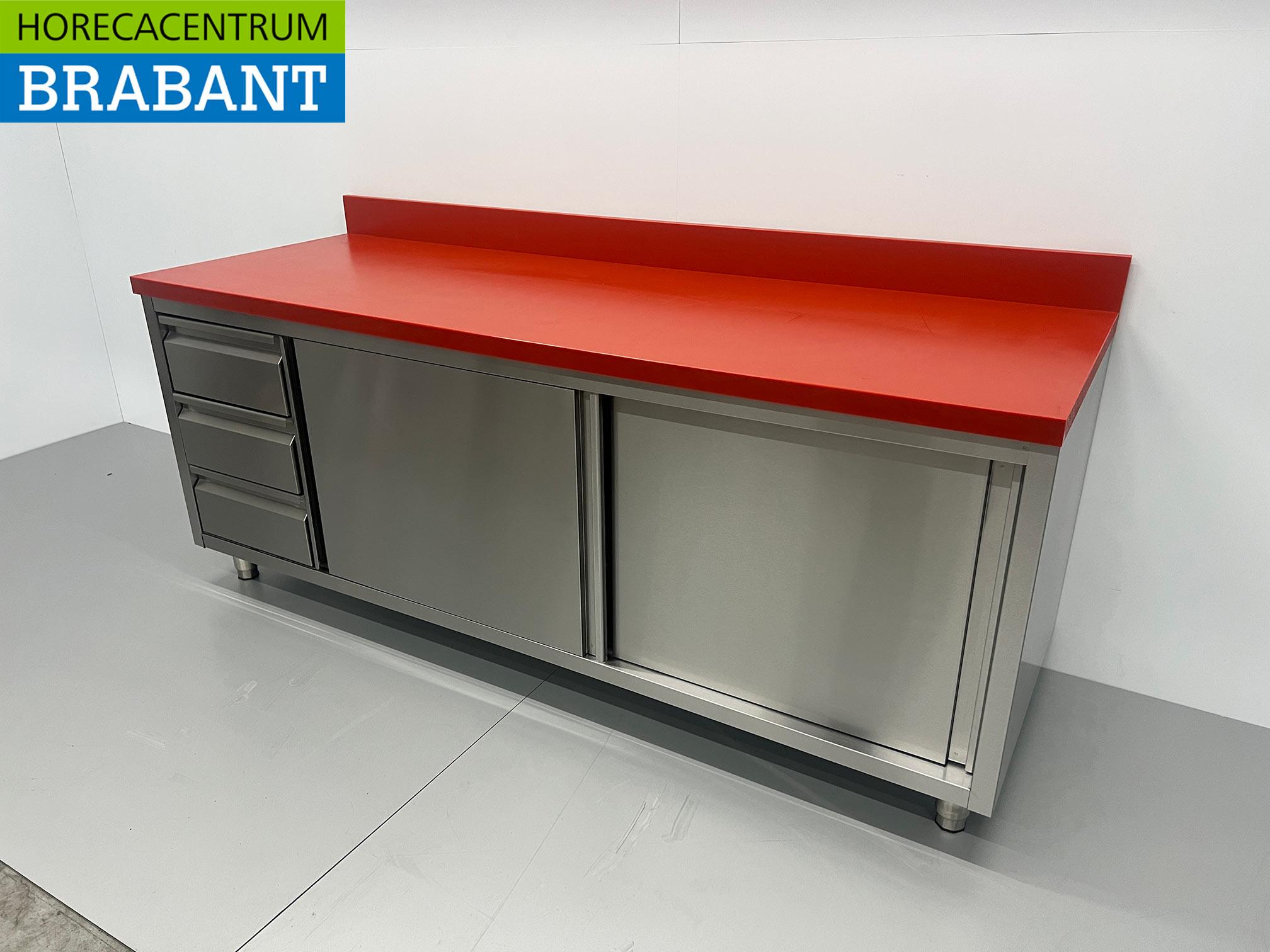 RVS Polyethyleen PE Werkkast Kast Snijtafel Premium-line 2 schuifdeuren 3 laden 200 cm Horeca Slagerij - Afbeelding 2