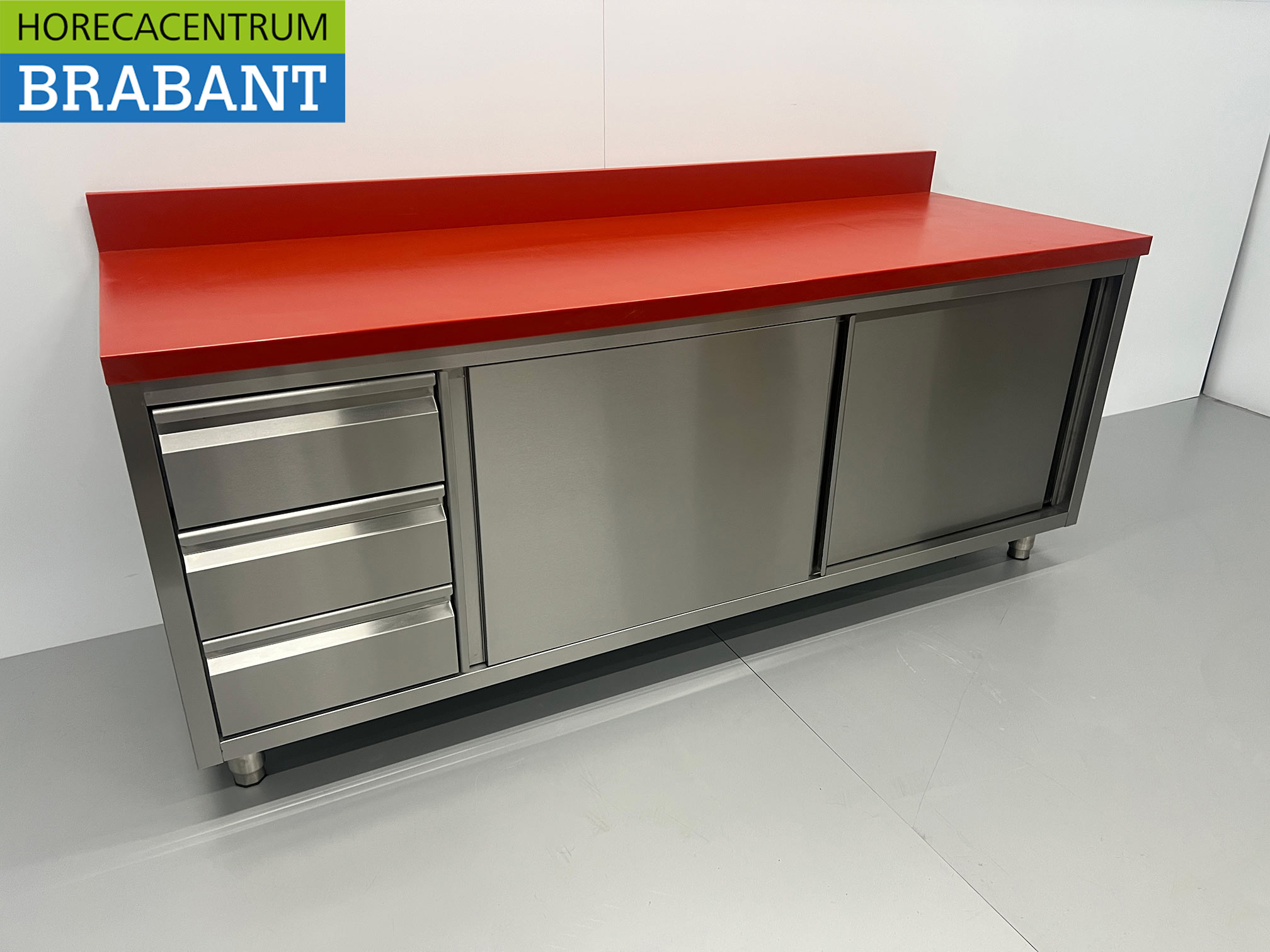 RVS Polyethyleen PE Werkkast Kast Snijtafel Premium-line 2 schuifdeuren 3 laden 200 cm Horeca Slagerij - Afbeelding 3