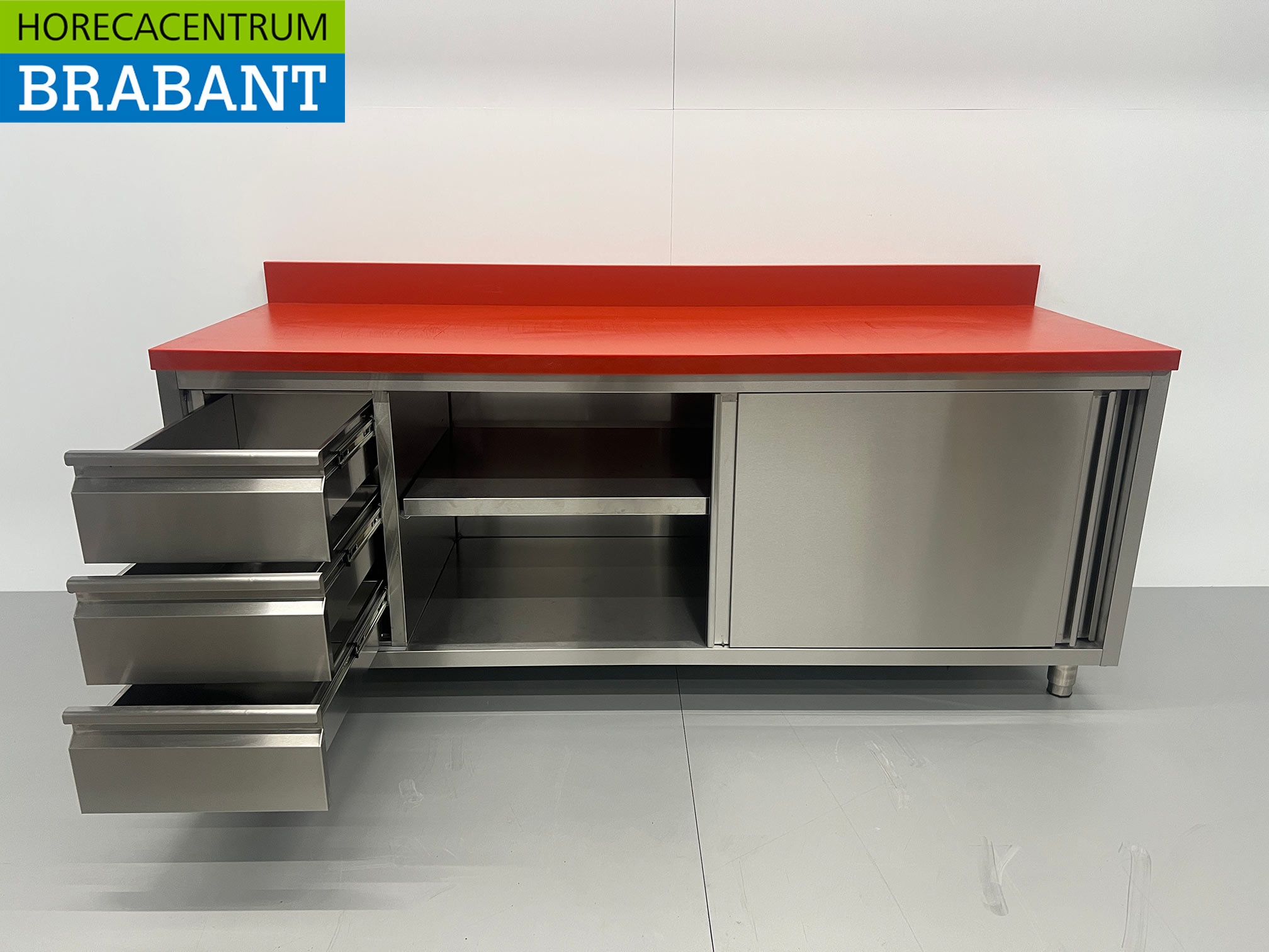 RVS Polyethyleen PE Werkkast Kast Snijtafel Premium-line 2 schuifdeuren 3 laden 200 cm Horeca Slagerij - Afbeelding 4