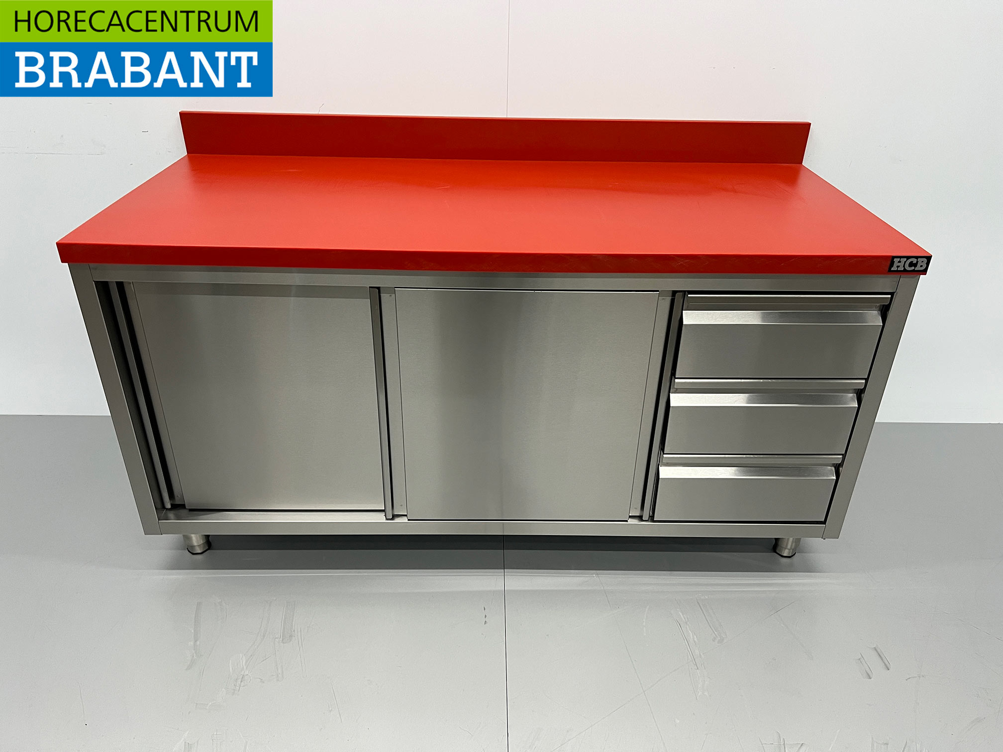 HCB RVS Polyethyleen PE Werkkast Kast Snijtafel Premium-line 2 schuifdeuren 3 laden 160 cm Horeca Slagerij