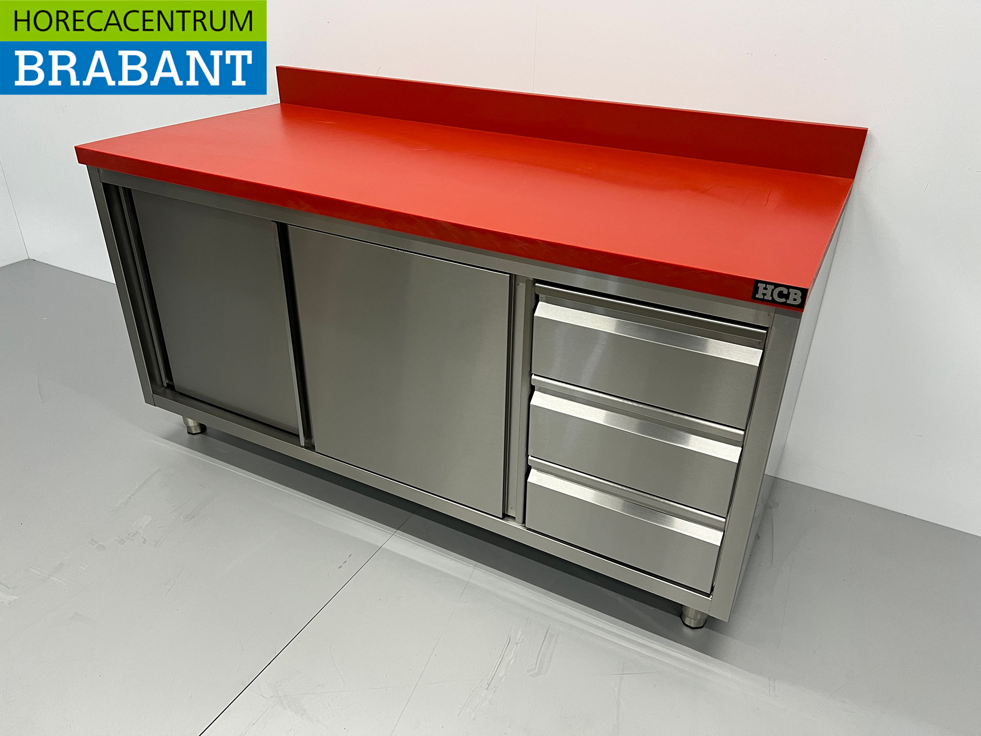 HCB RVS Polyethyleen PE Werkkast Kast Snijtafel Premium-line 2 schuifdeuren 3 laden 160 cm Horeca Slagerij - Afbeelding 2