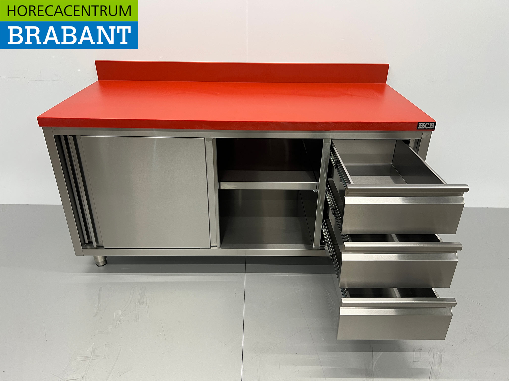 HCB RVS Polyethyleen PE Werkkast Kast Snijtafel Premium-line 2 schuifdeuren 3 laden 160 cm Horeca Slagerij - Afbeelding 5