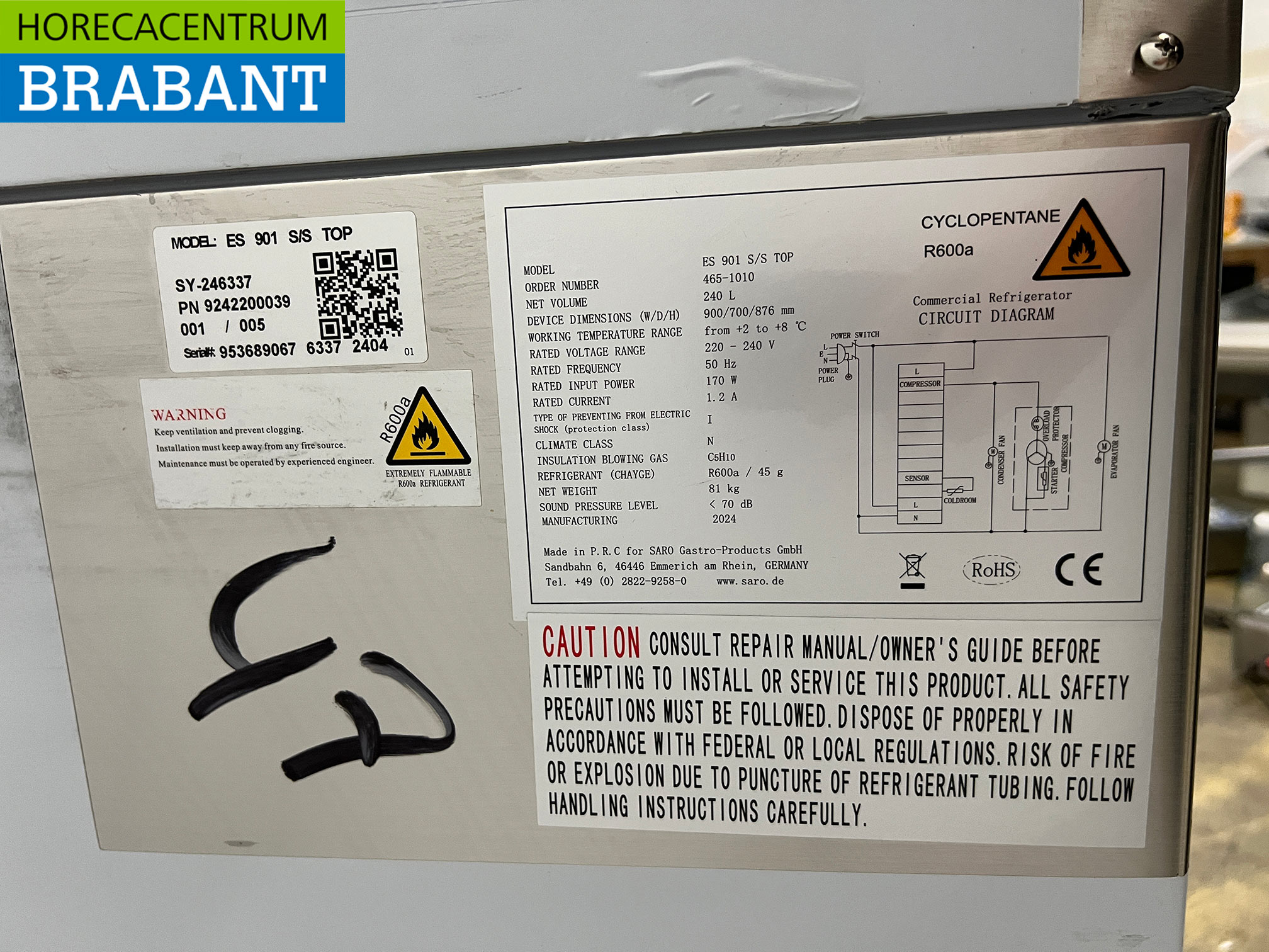 RVS Saro Koelwerkbank 2 Deuren 90 cm 230V Horeca - Afbeelding 5