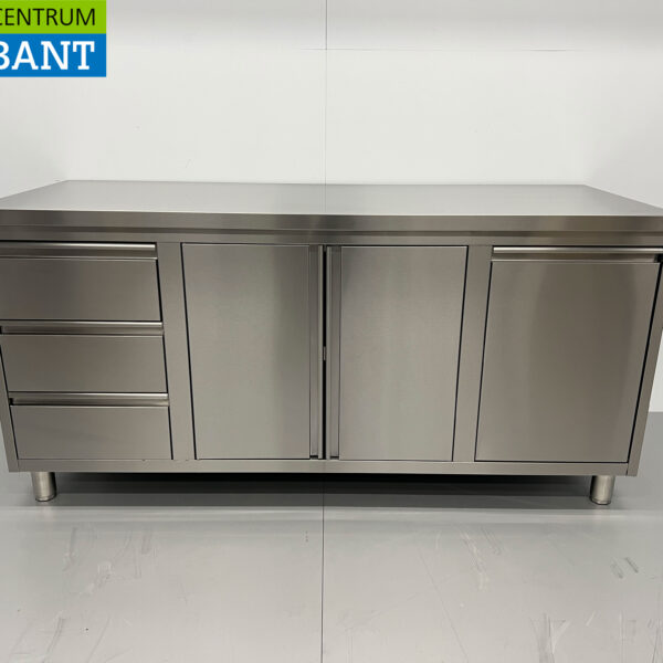 HCB RVS Werkkast Kast Werktafel 2 klapdeuren en 3 laden en afvalbak 180 cm Horeca
