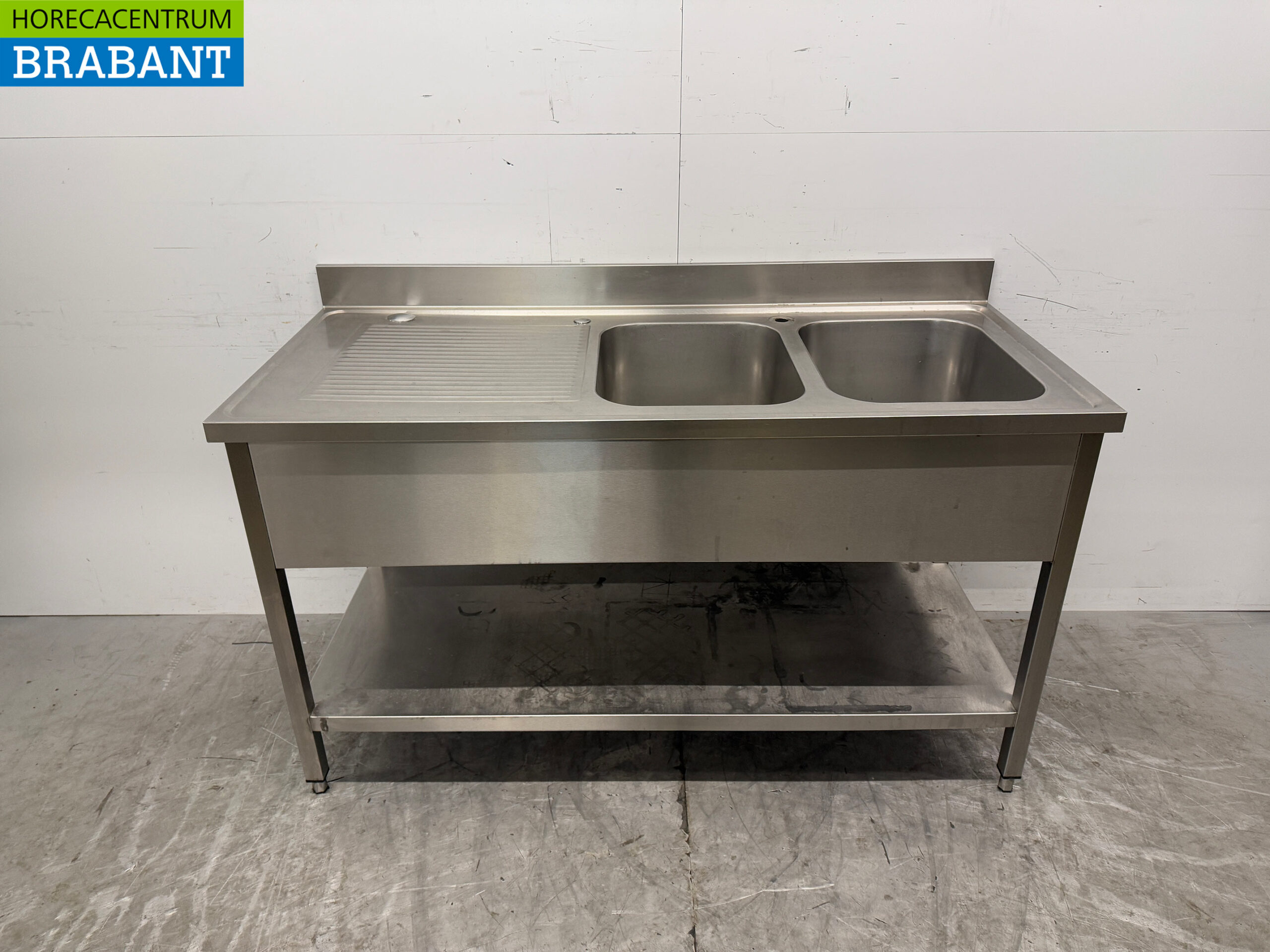 RVS Spoeltafel met Dubbele Spoelbakken 160 x 70 x 91,5 cm Horeca