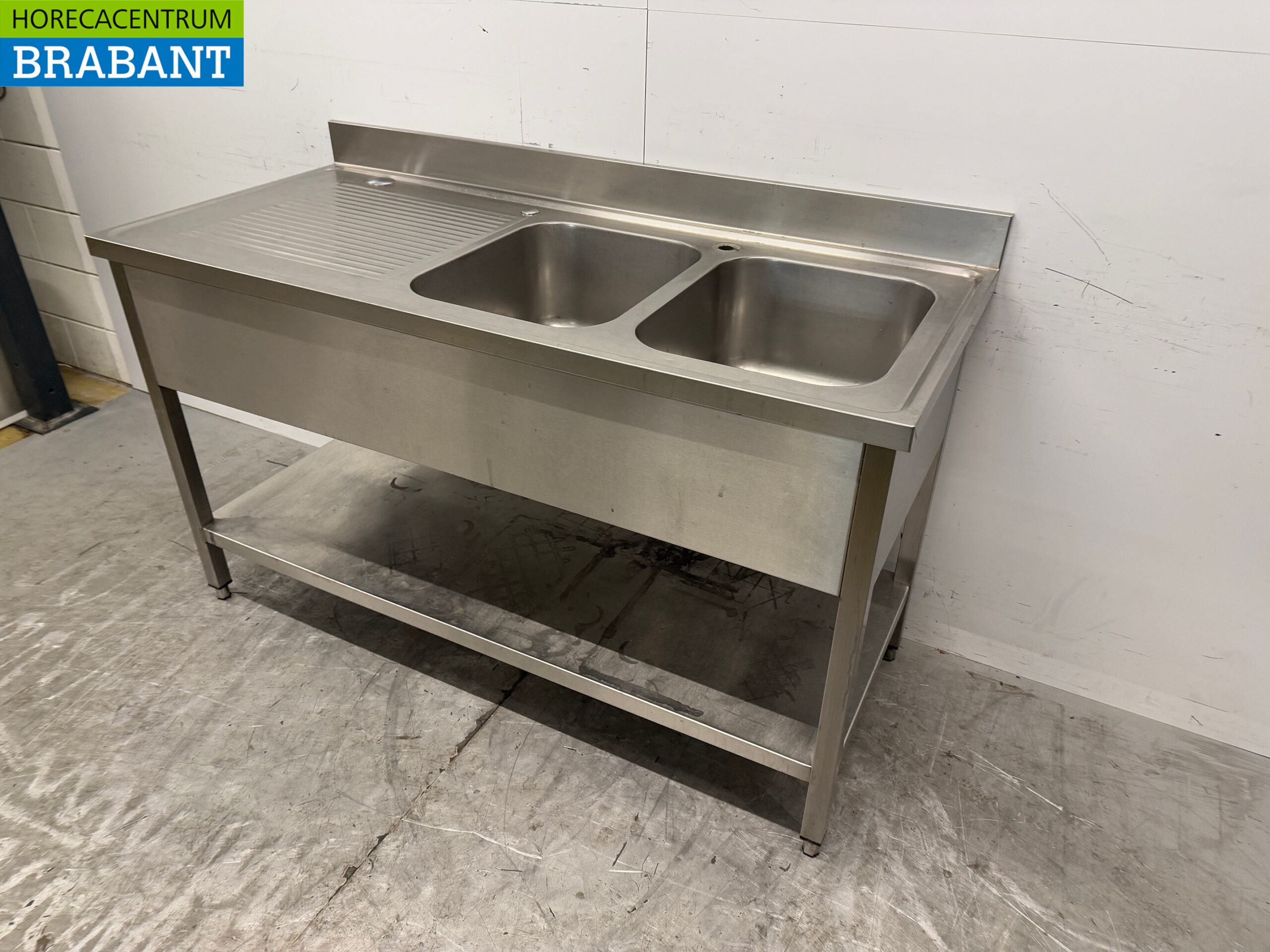 RVS Spoeltafel met Dubbele Spoelbakken 160 x 70 x 91,5 cm Horeca - Afbeelding 2