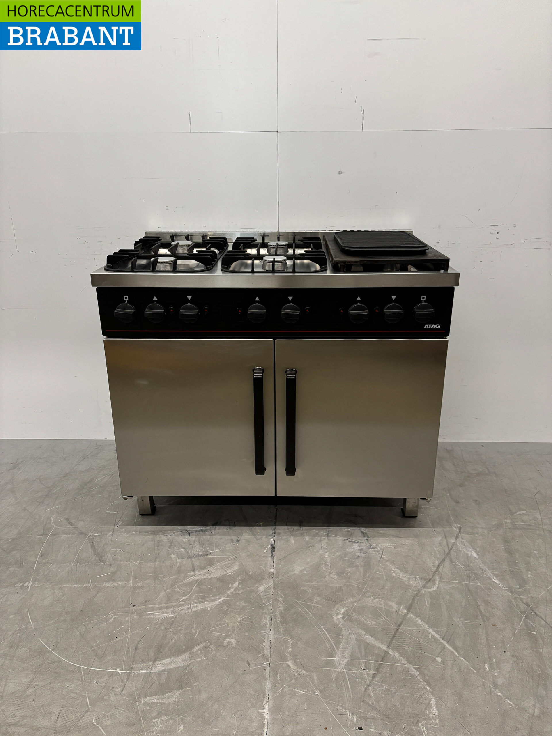 RVS Atag 6 pits Fornuis met bakplaat en dubbele oven 6 x 1/1 GN GAS 105 cm Horeca
