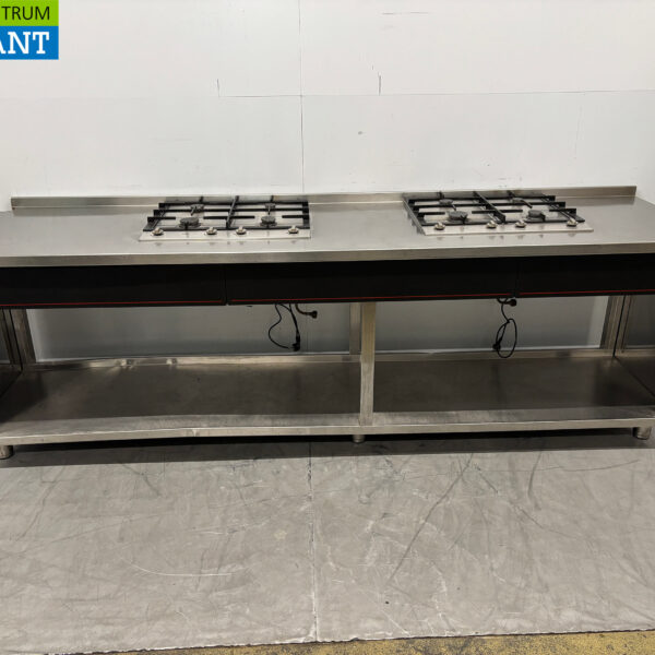 RVS Atag Werktafel met 2 x 4 pits Fornuis 269 cm GAS Horeca