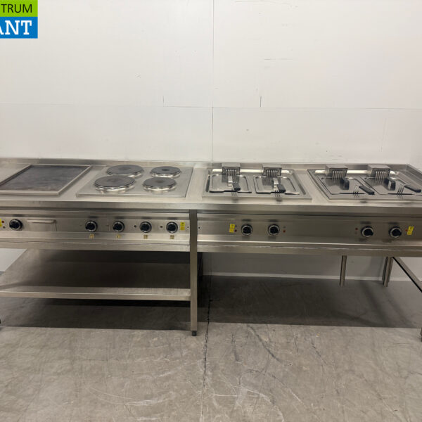 RVS Mareno Baklijn Bakplaat, 4 Pits Elektrisch Fornuis 2 x Dubbele Friteuse 4 x 12 liter 289 cm 4 x 400V Horeca