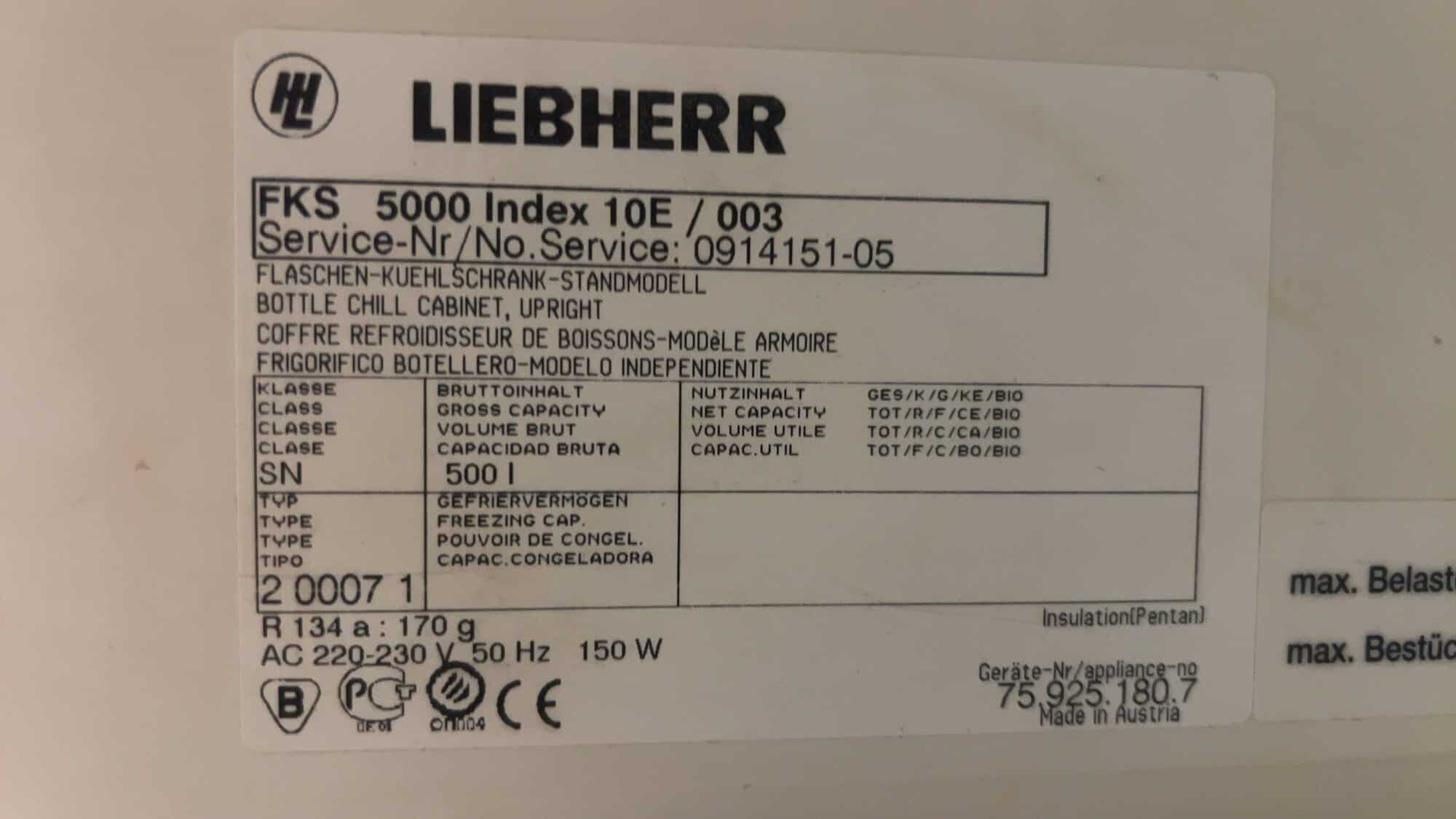 Liebherr FKS 5000 Index 10E/003 Koelkast 500 liter 230V Horeca